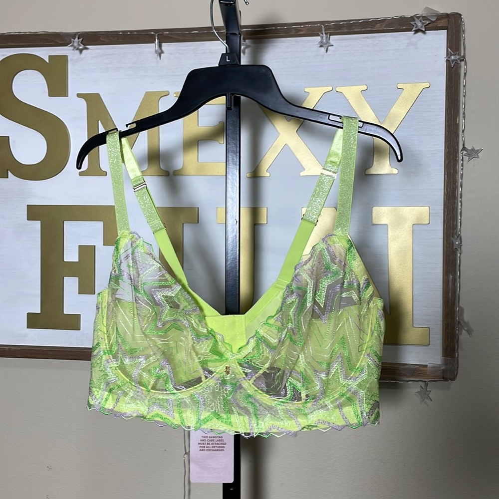 Savage X Fenty Shining Star lime green Embroidered Unlined Demi Bra nwt - Picture 2 of 7